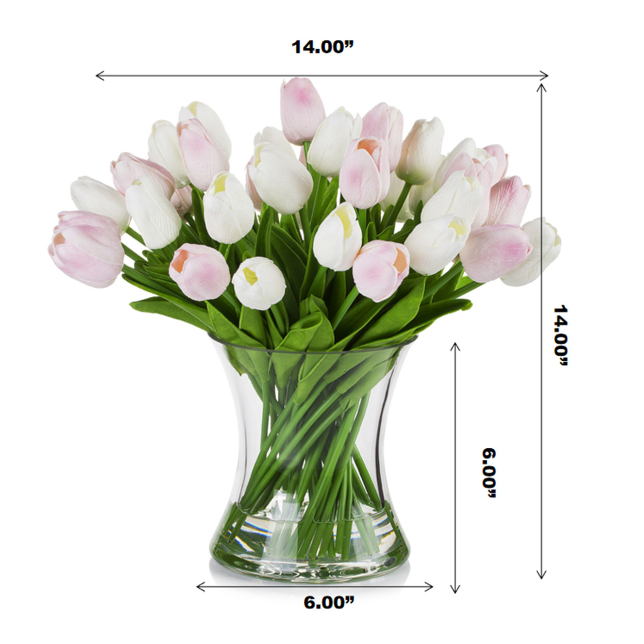 Large Artificial Real Touch Tulip Arrangement in Clear Glass Vase (White Pink)