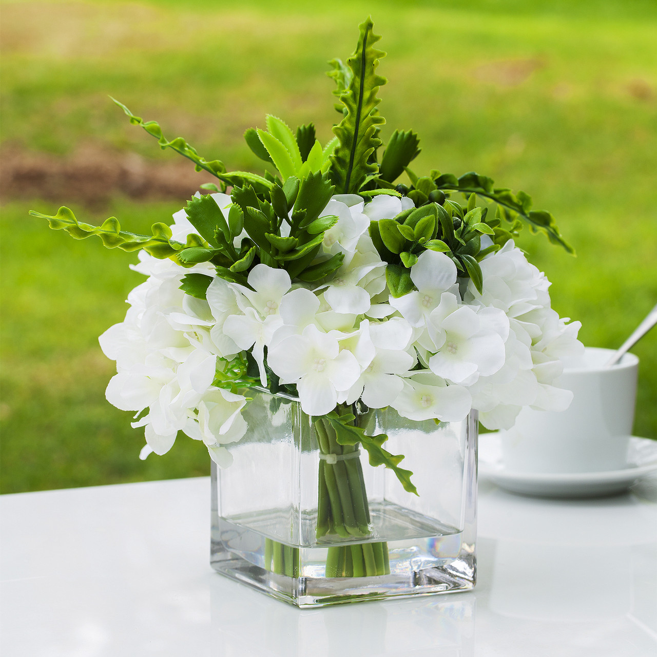 Mixed Artificial Silk Hydrangea Flower Arrangement in Cube Glass Vase With Faux Water