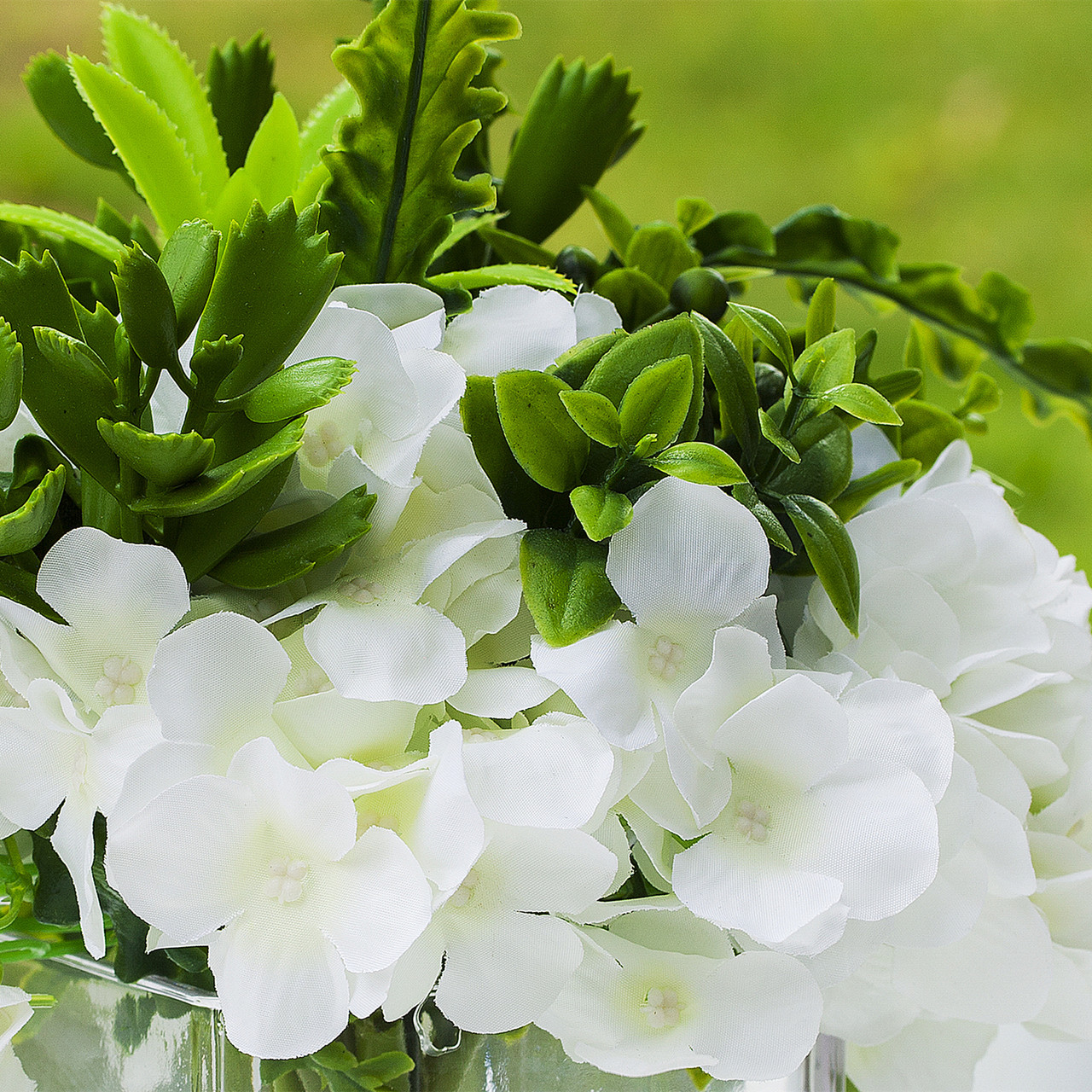 Mixed Artificial Silk Hydrangea Flower Arrangement in Cube Glass Vase With Faux Water