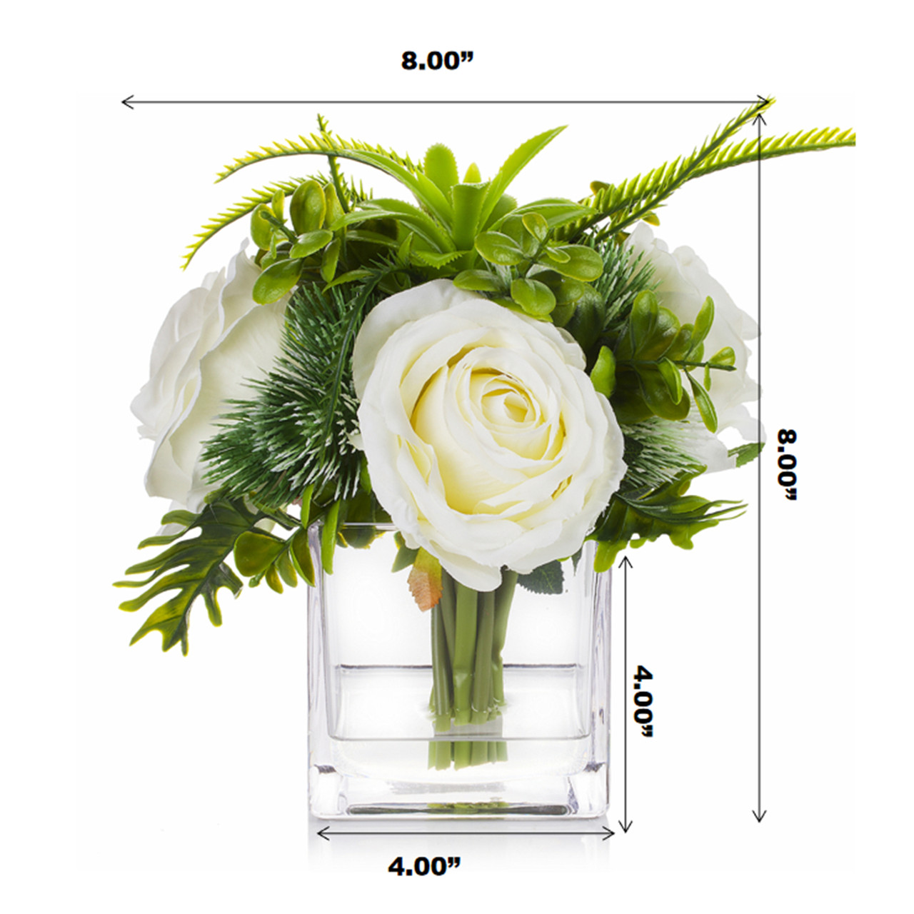 Mixed Artificial Silk Rose Flower Arrangement in Cube Glass Vase With Faux Water