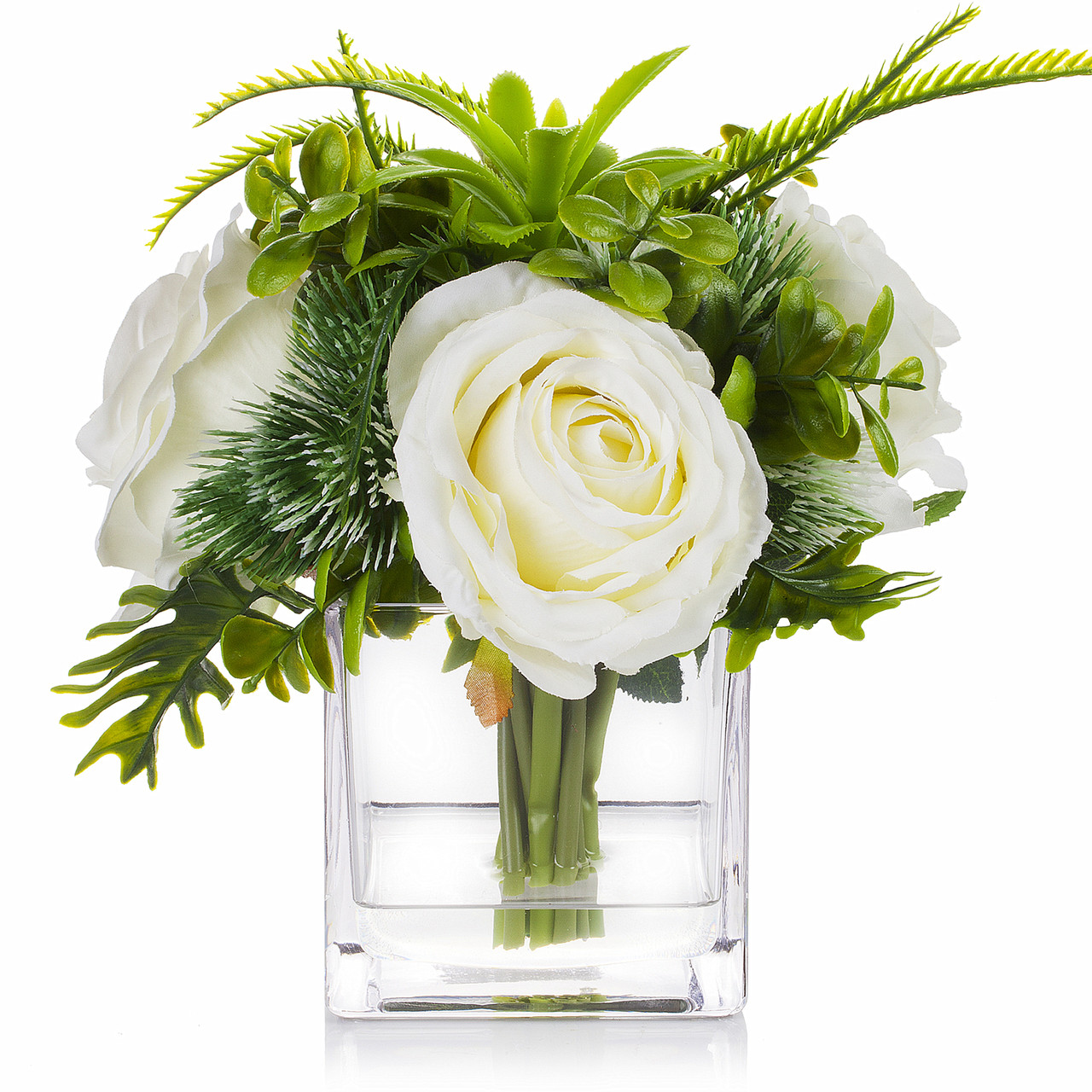 Mixed Artificial Silk Rose Flower Arrangement in Cube Glass Vase With Faux Water