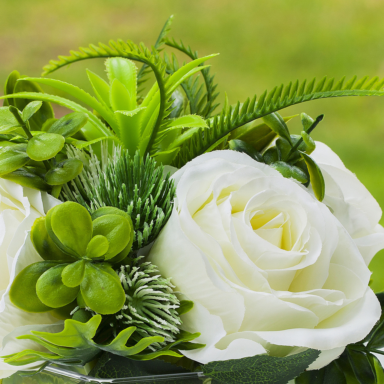 Mixed Artificial Silk Rose Flower Arrangement in Cube Glass Vase With Faux Water