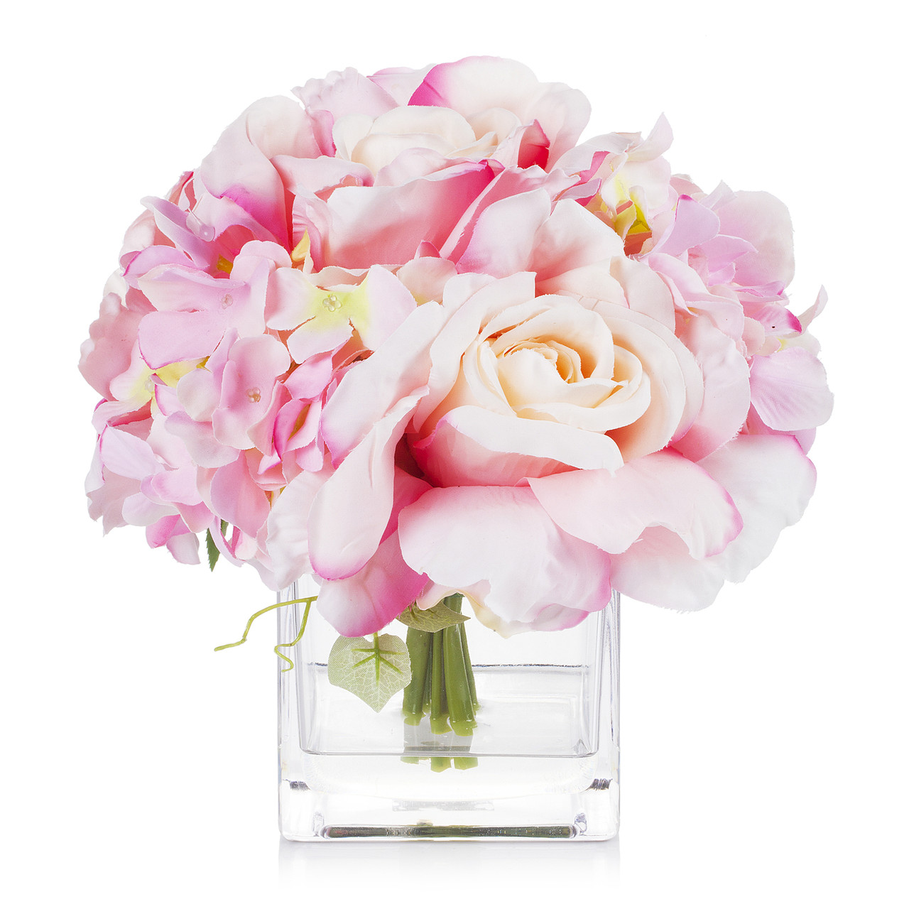 Mixed Artificial Silk Hydrangea and Rose Flower Arrangement in Cube Glass Vase With Faux Water