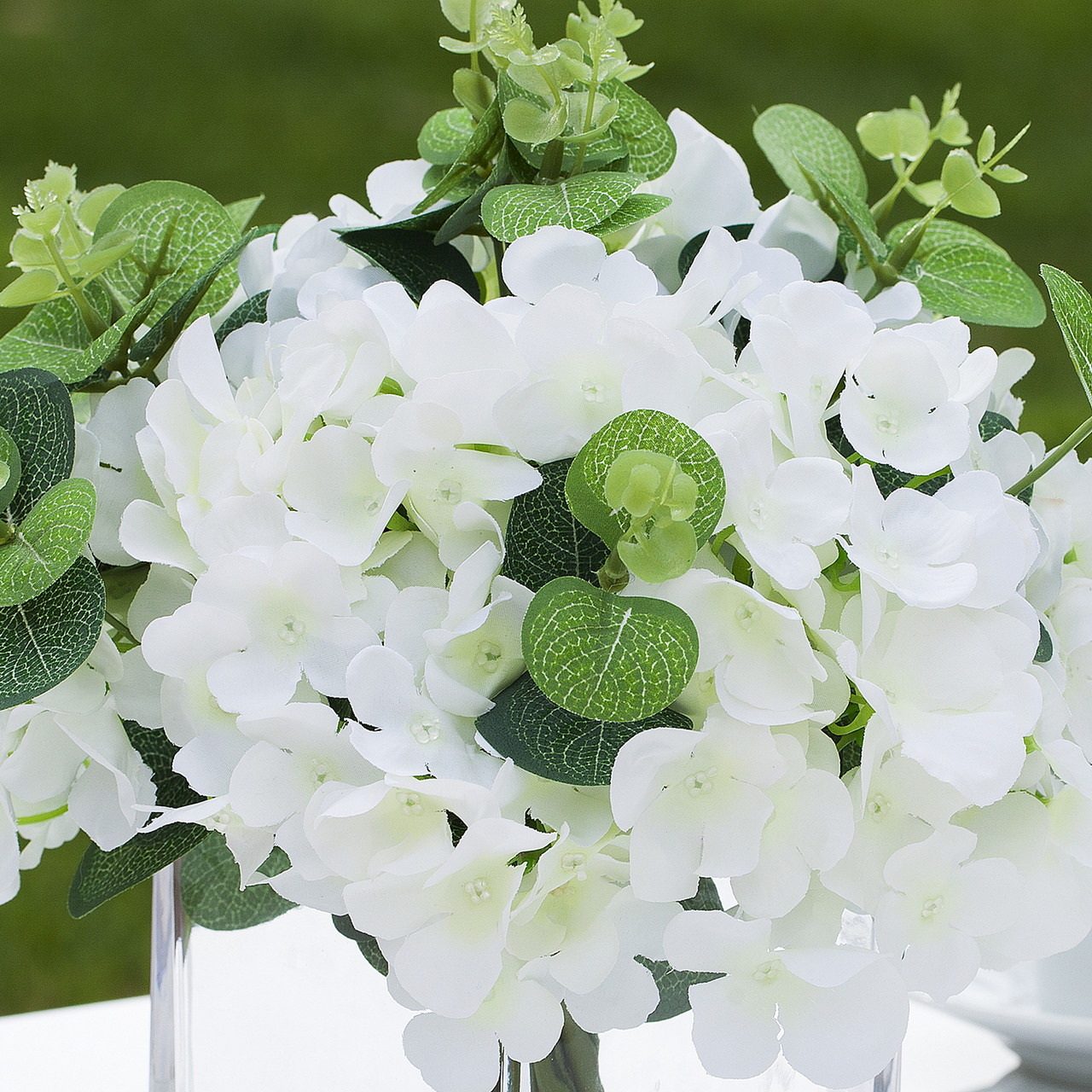 Mixed Artificial Silk Hydrangea Flower Arrangement in Cube Glass Vase With Faux Water(Cream)