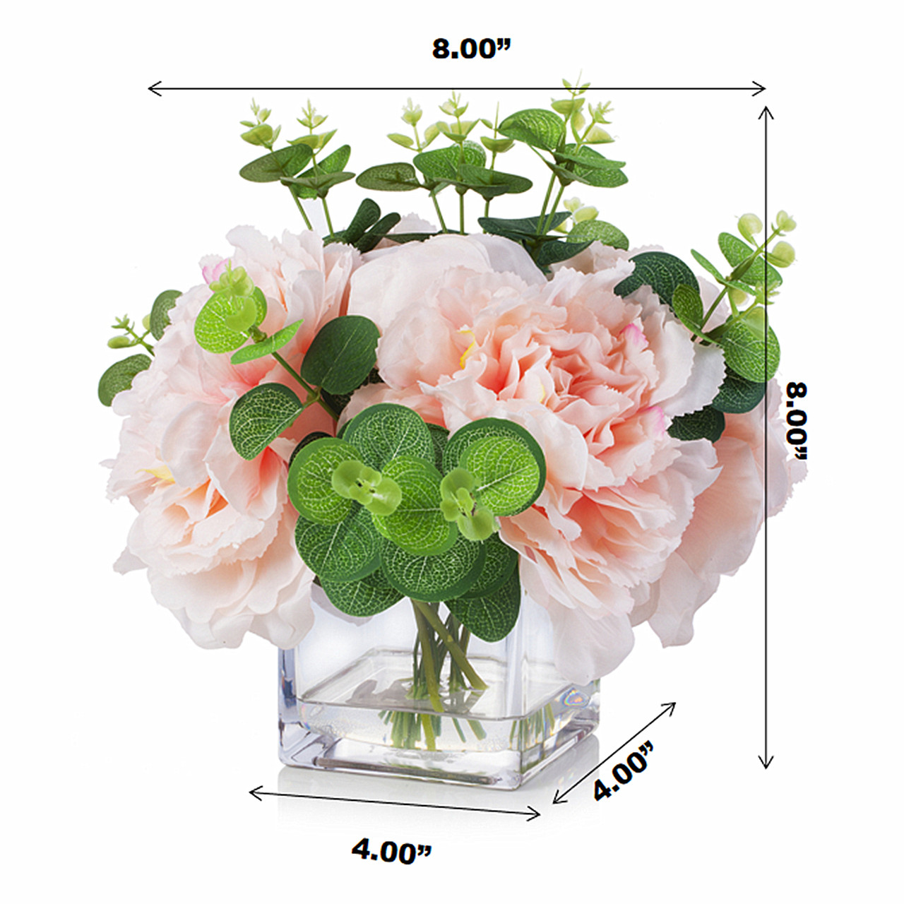 Mixed Artificial Silk Peony Flower Arrangement in Cube Glass Vase With Faux Water