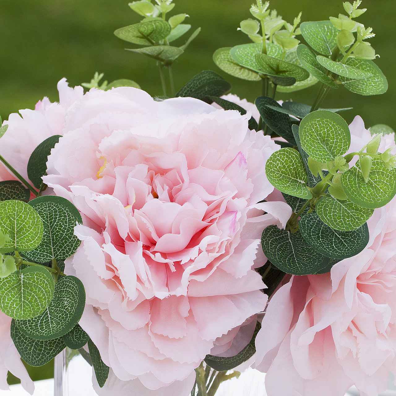 Mixed Artificial Silk Peony Flower Arrangement in Cube Glass Vase With Faux Water