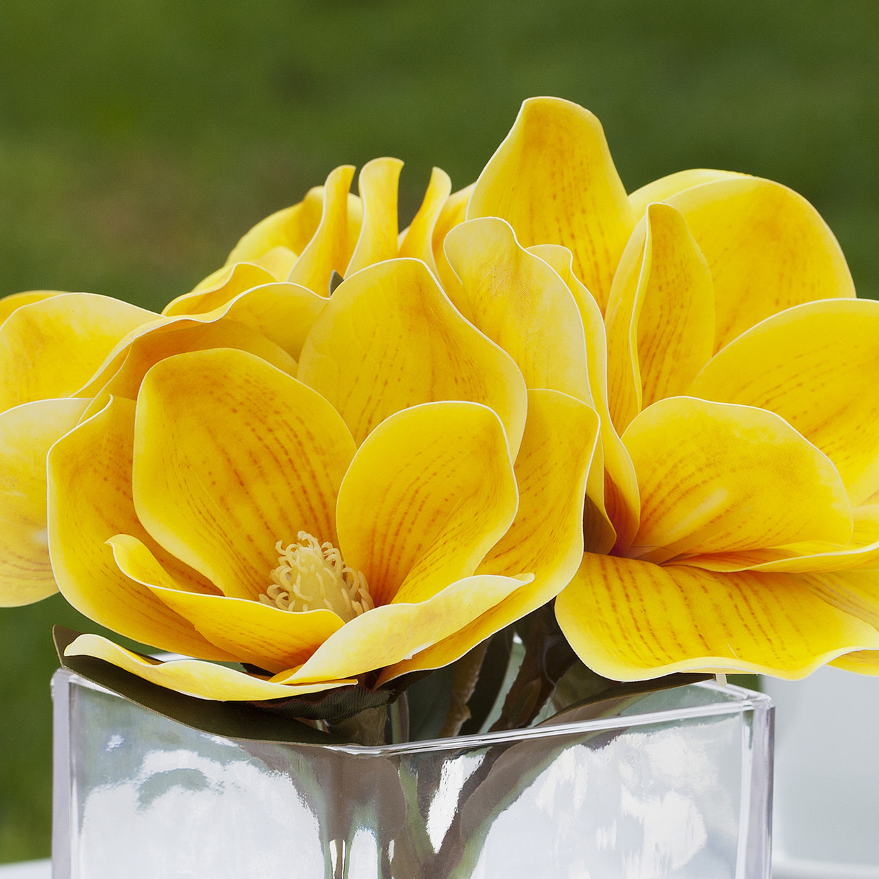 Artificial Real Touch Magnolia Flower Arrangement in Cube Glass Vase With Faux Water