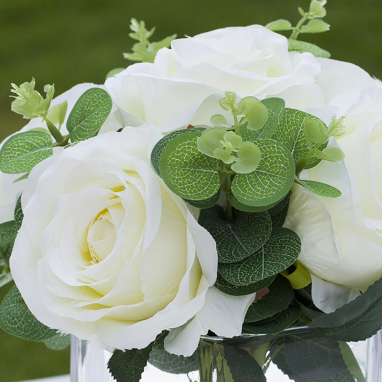Mixed Artificial Silk Rose Flower Arrangement in Cube Glass Vase With Faux Water(Cream)