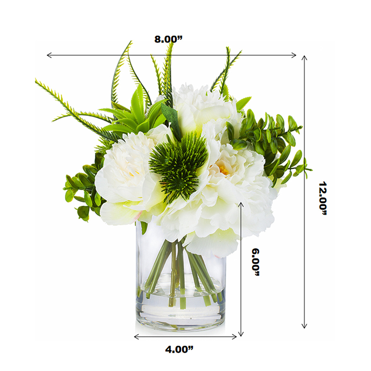 Mixed Artificial Silk Peony Flower Arrangement in Clear Glass Vase With Faux Water(Cream)