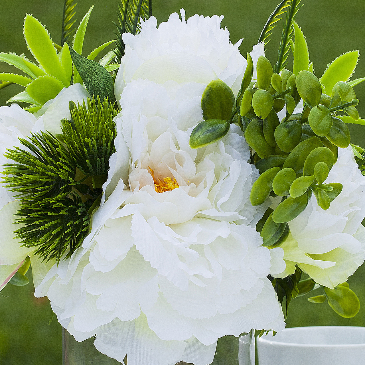 Mixed Artificial Silk Peony Flower Arrangement in Clear Glass Vase With Faux Water(Cream)