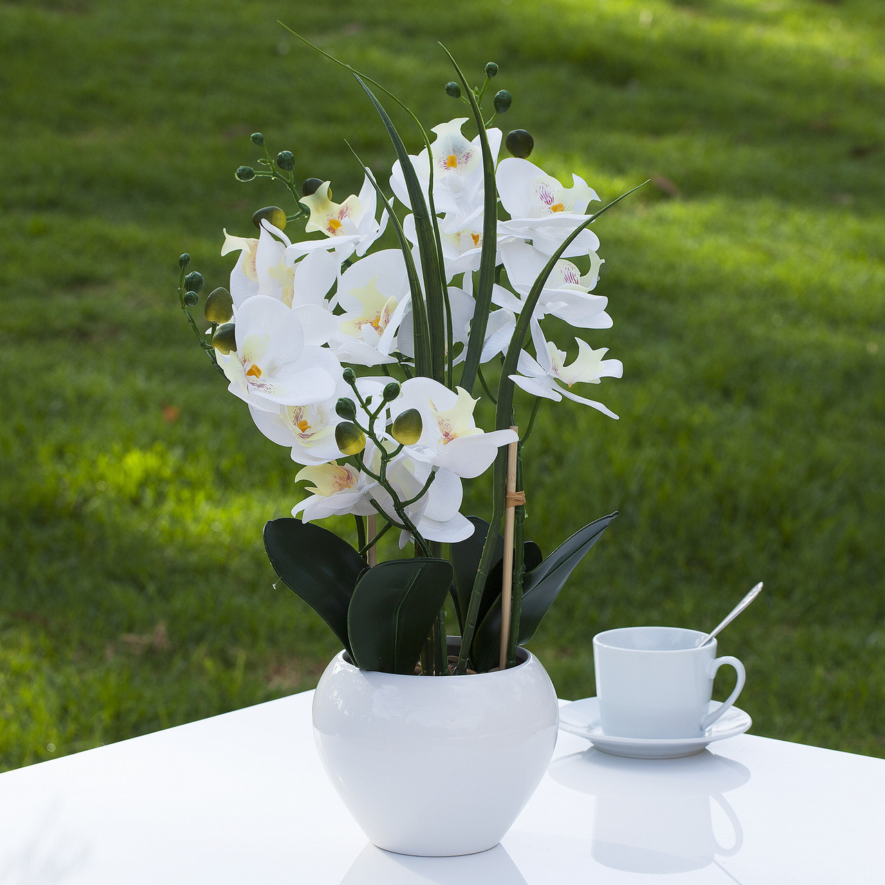 Artificial Real Touch Orchids Flower Arrangement in White Ceramic Pot