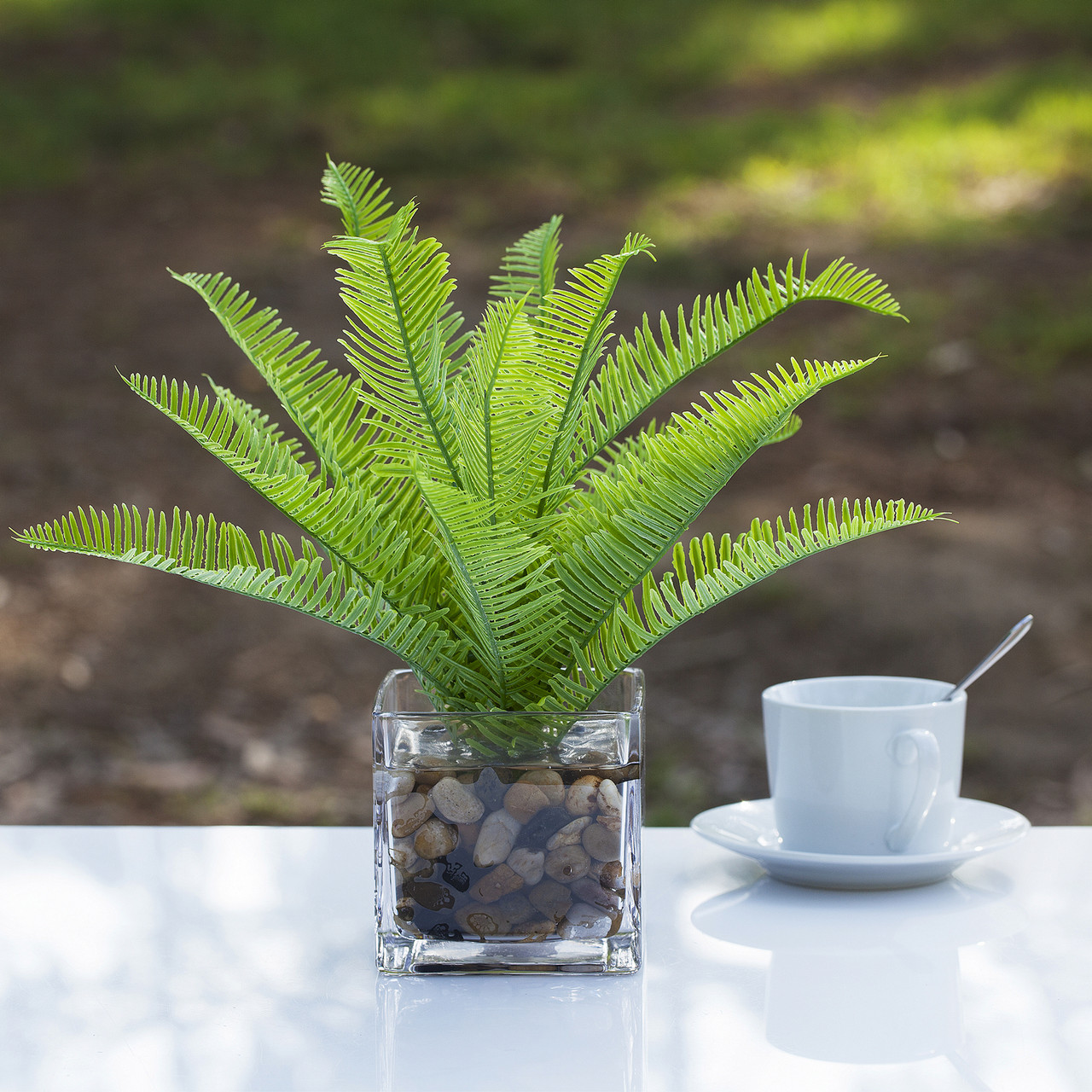 Artificial Fern Plant In Cube Glass Vase