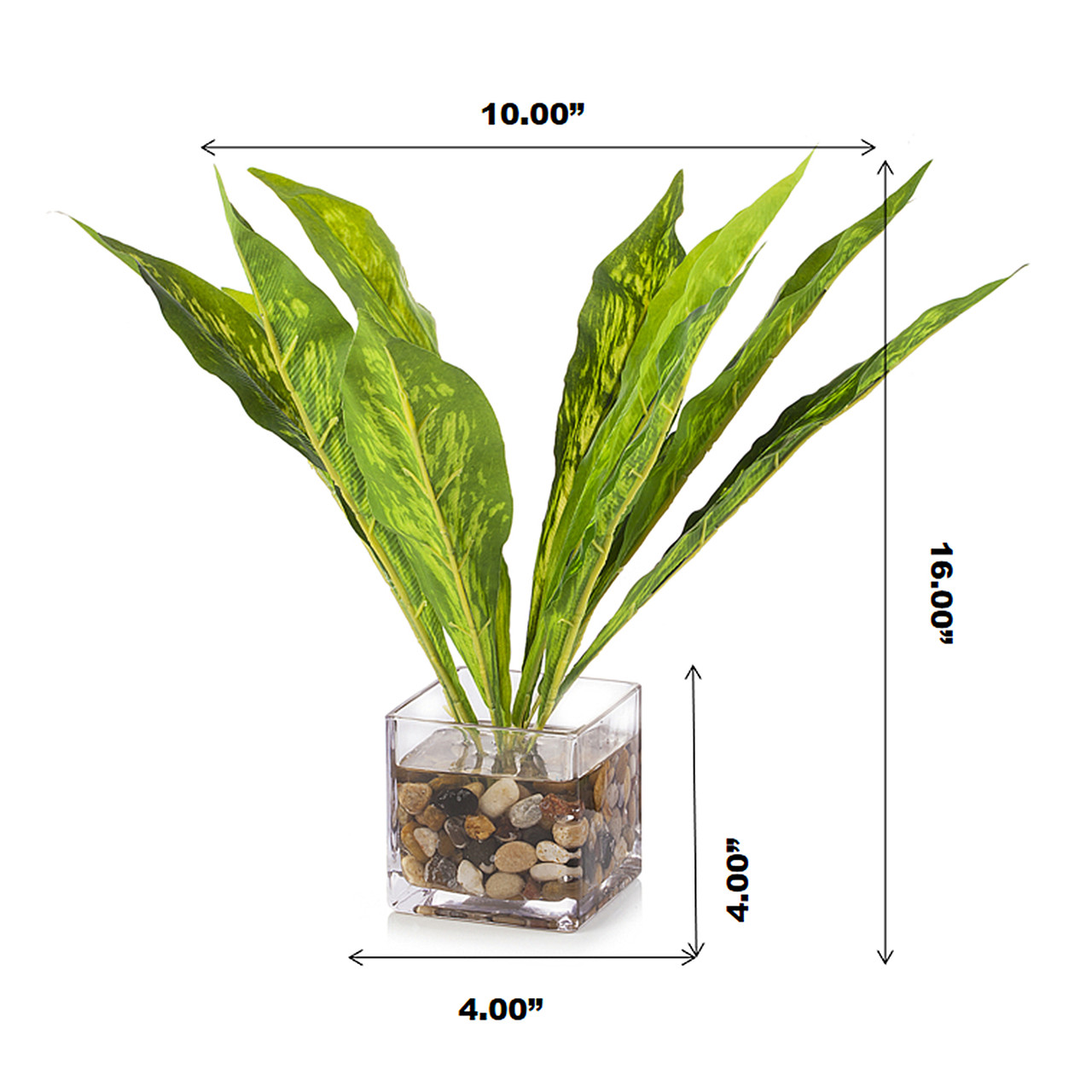 Faux Green Leaves In Cube Glass Vase