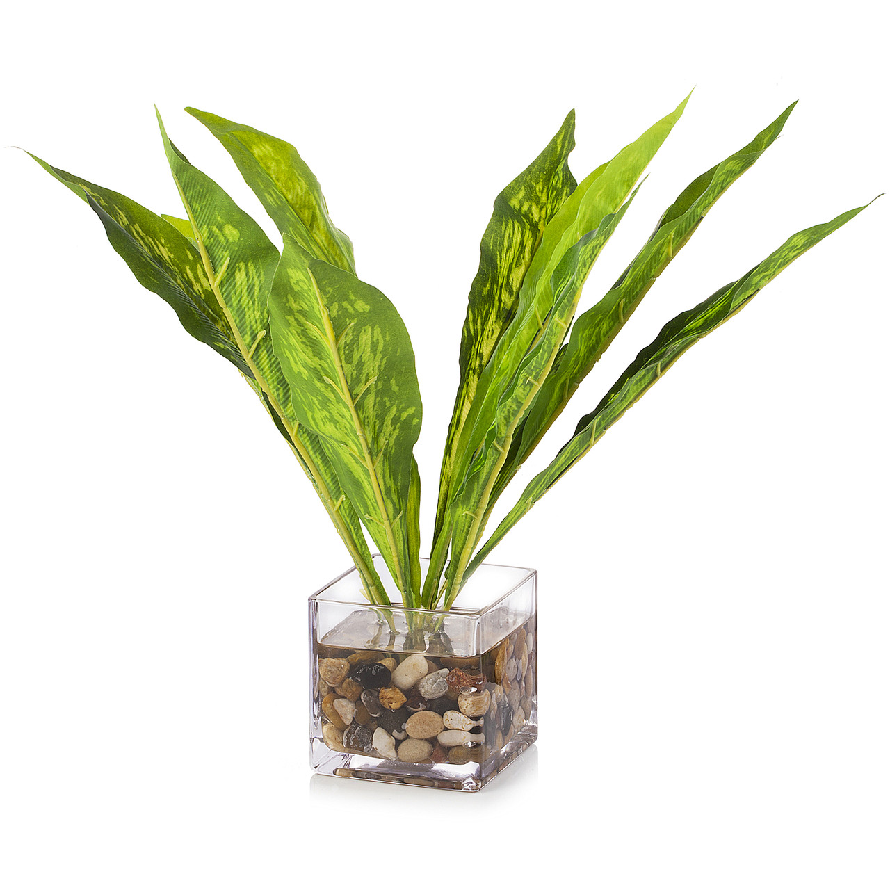 Faux Green Leaves In Cube Glass Vase