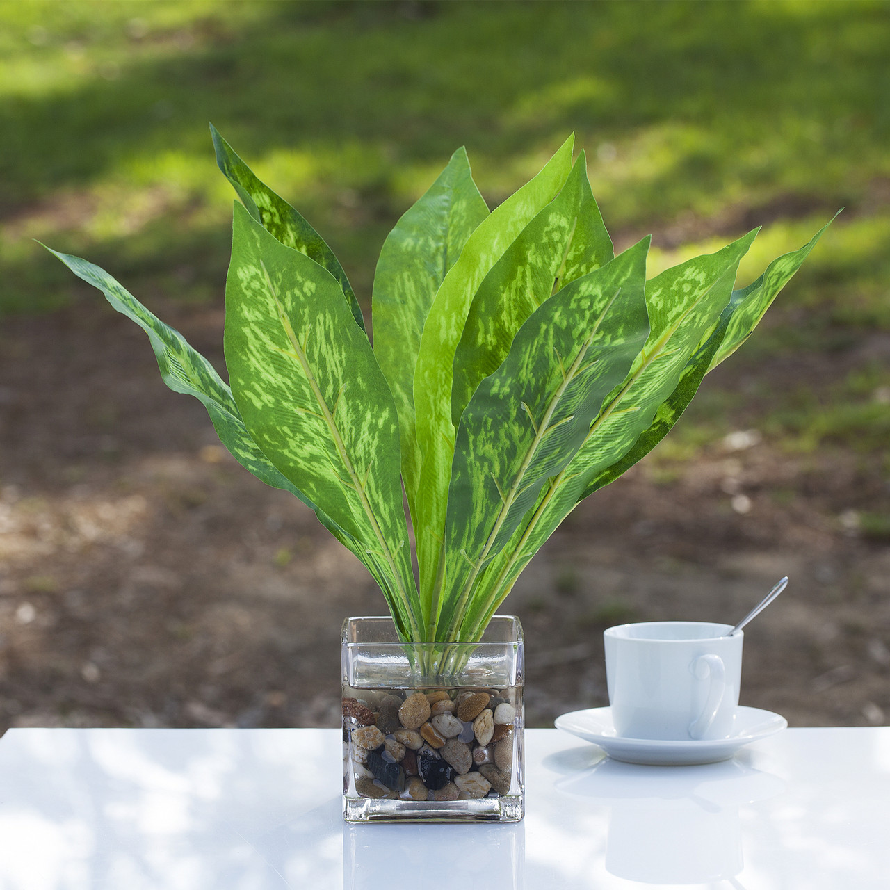 Faux Green Leaves In Cube Glass Vase