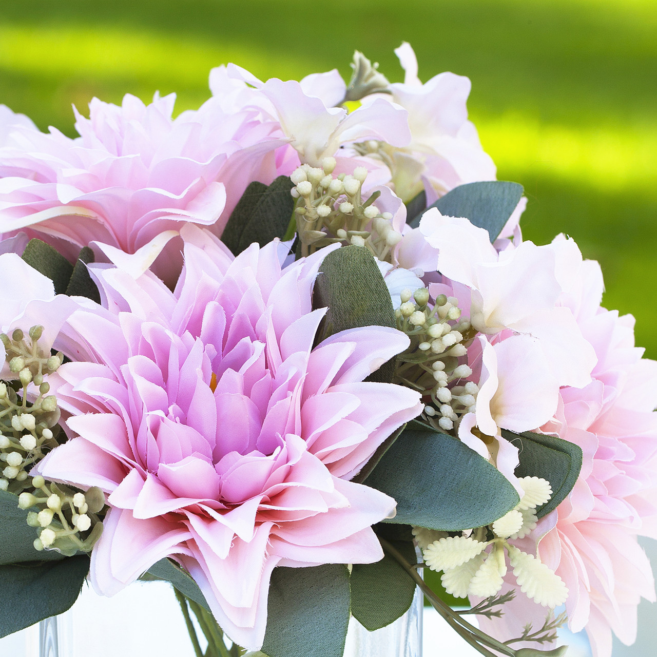 Mixed Artificial Dahlia Flower Arrangement in Clear Glass Vase