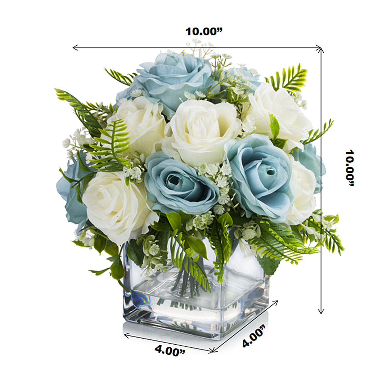 18 Heads RoseFlower Arrangement in Clear Glass Vase(Cream Blue)