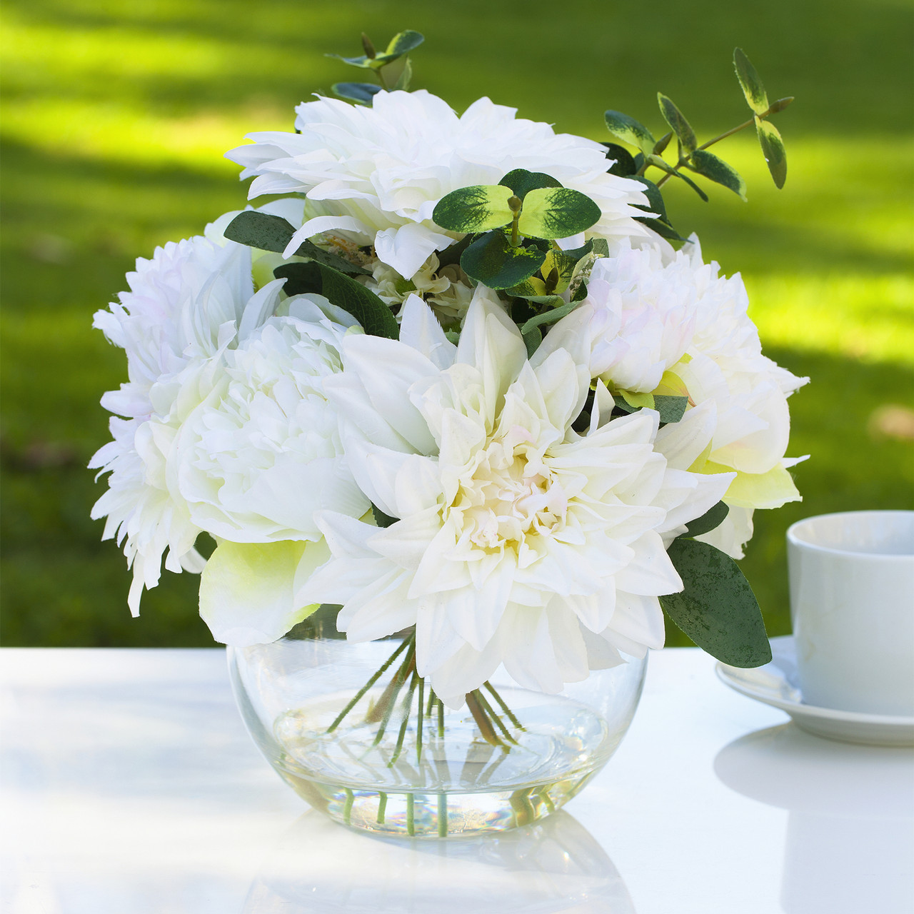Mixed Artificial Silk Dahlia and Peony Flower Arrangement in Clear Glass Vase
