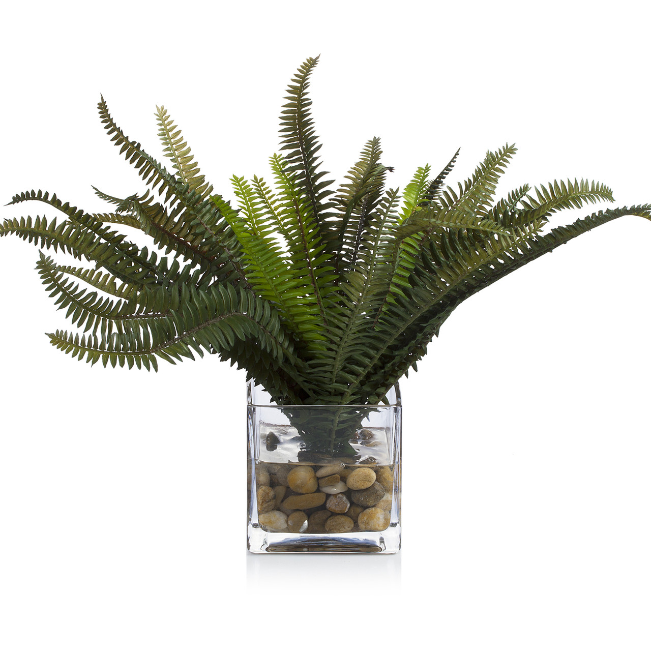 12 Inch Artificial Fern Plant In Cube Glass Vase with River Rock