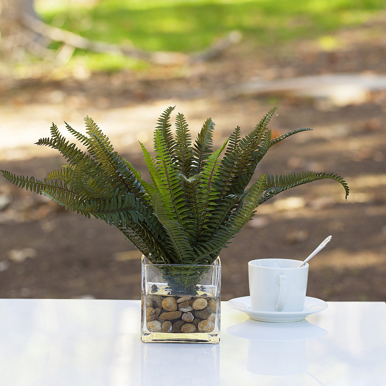 12 Inch Artificial Fern Plant In Cube Glass Vase with River Rock