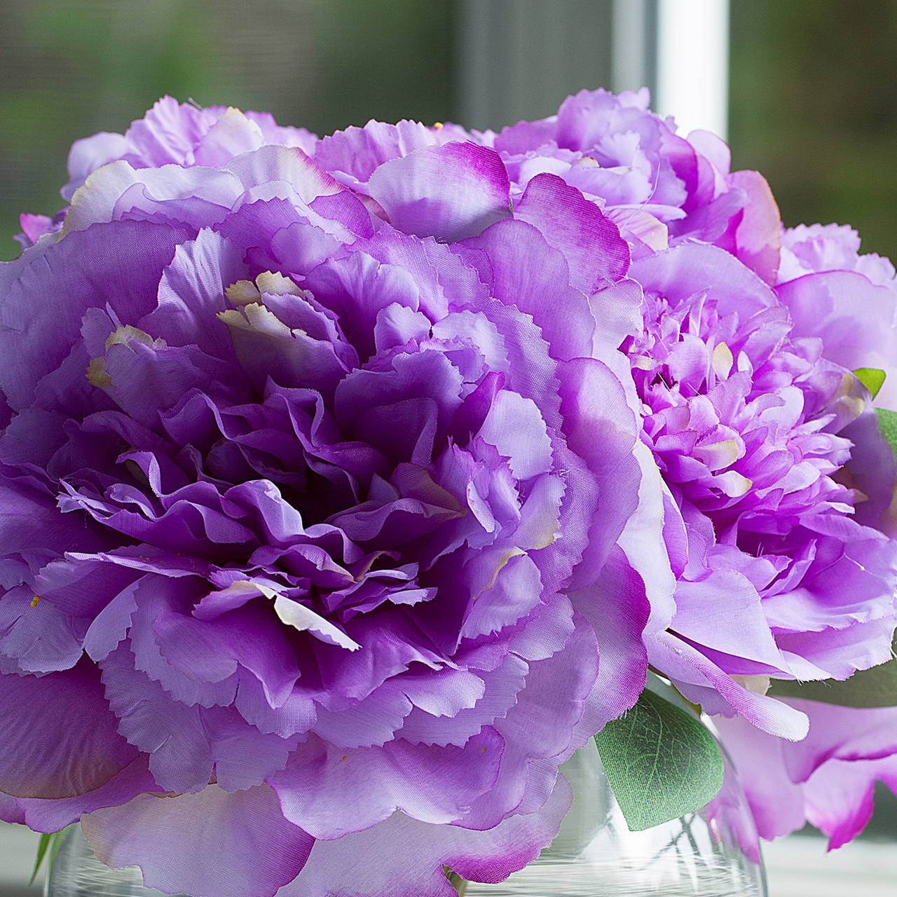 Artificial Silk Peony Flower Arrangement in Glass Bowl Vase with Faux Water