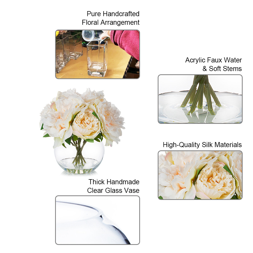 Artificial Silk Peony Flower Arrangement in Glass Bowl Vase with Faux Water