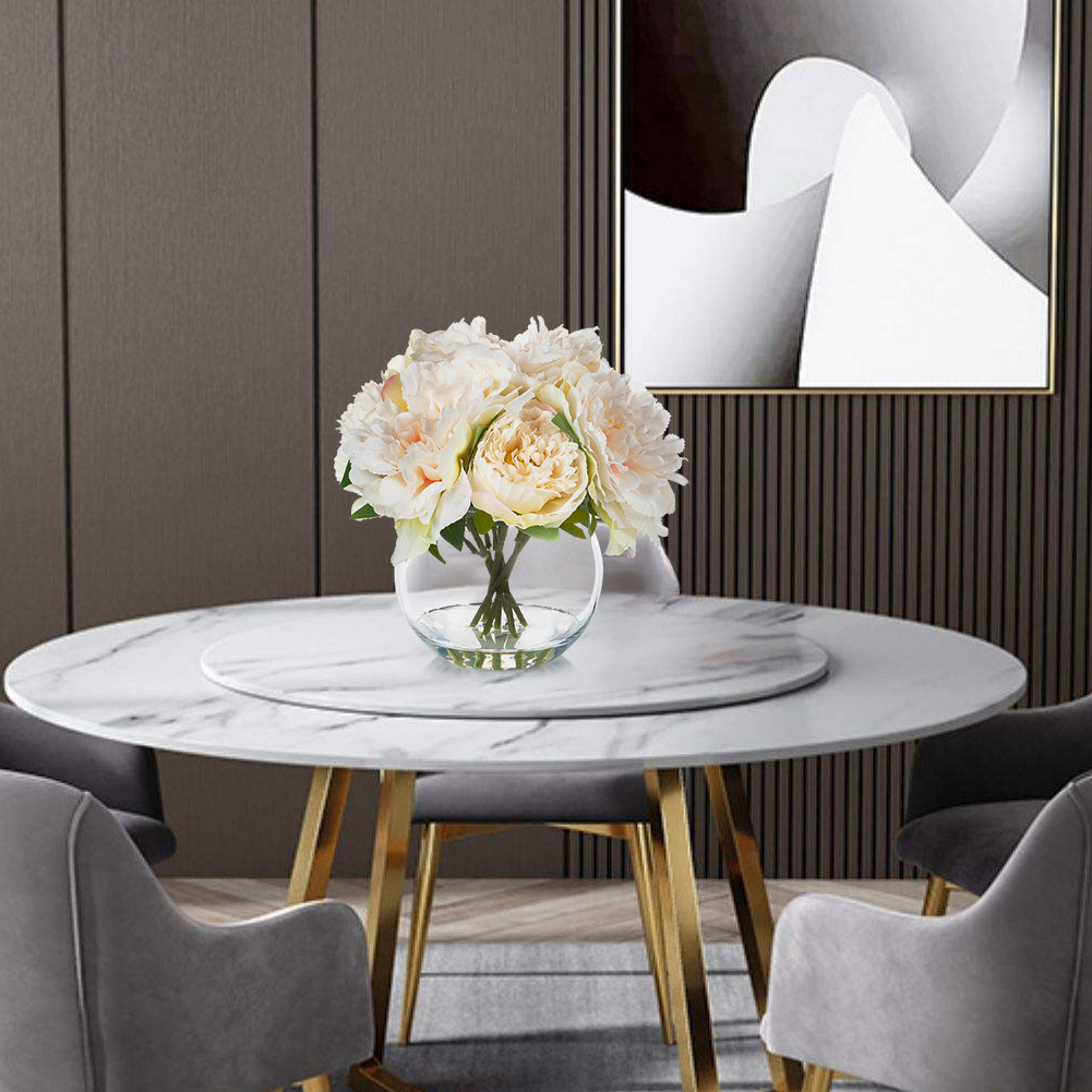 Artificial Silk Peony Flower Arrangement in Glass Bowl Vase with Faux Water