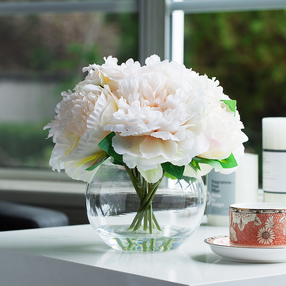 Artificial Silk Peony Flower Arrangement in Glass Bowl Vase with Faux Water