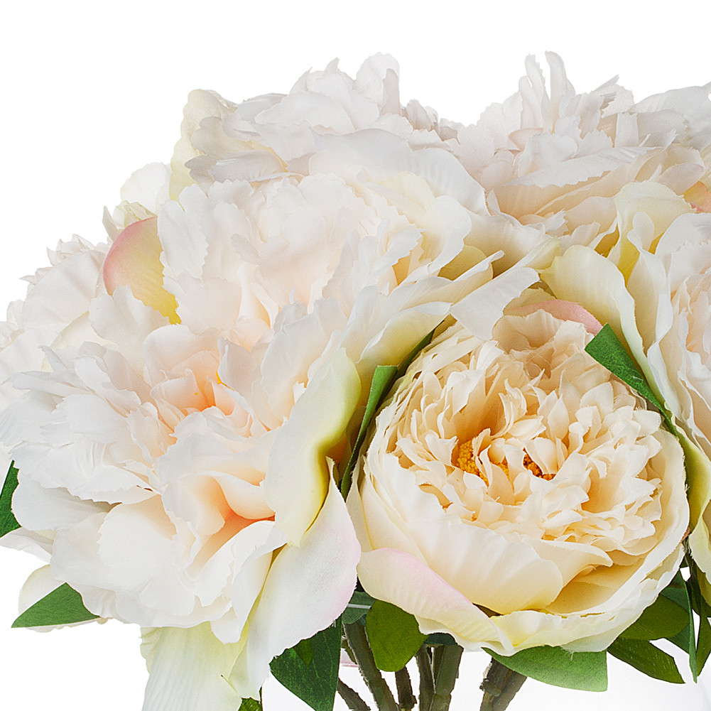 Artificial Silk Peony Flower Arrangement in Glass Bowl Vase with Faux Water