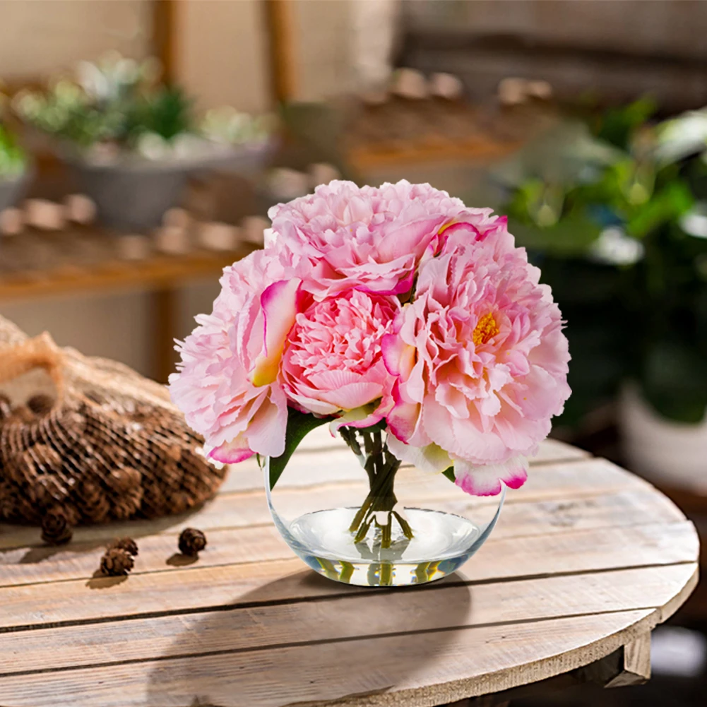 Artificial Silk Peony Flower Arrangement in Glass Bowl Vase with Faux Water