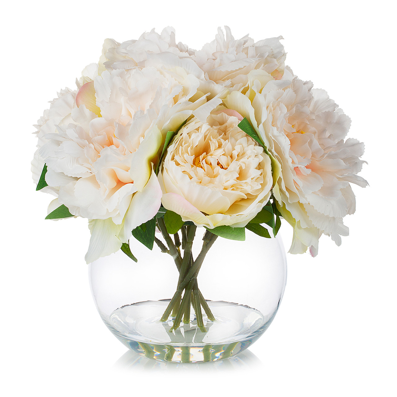 Artificial Silk Peony Flower Arrangement in Glass Bowl Vase with Faux Water