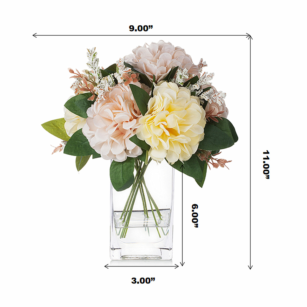 Artificial Silk Dahlia Flower Arrangement in Clear Glass Vase With Faux Water(Cream Beige)