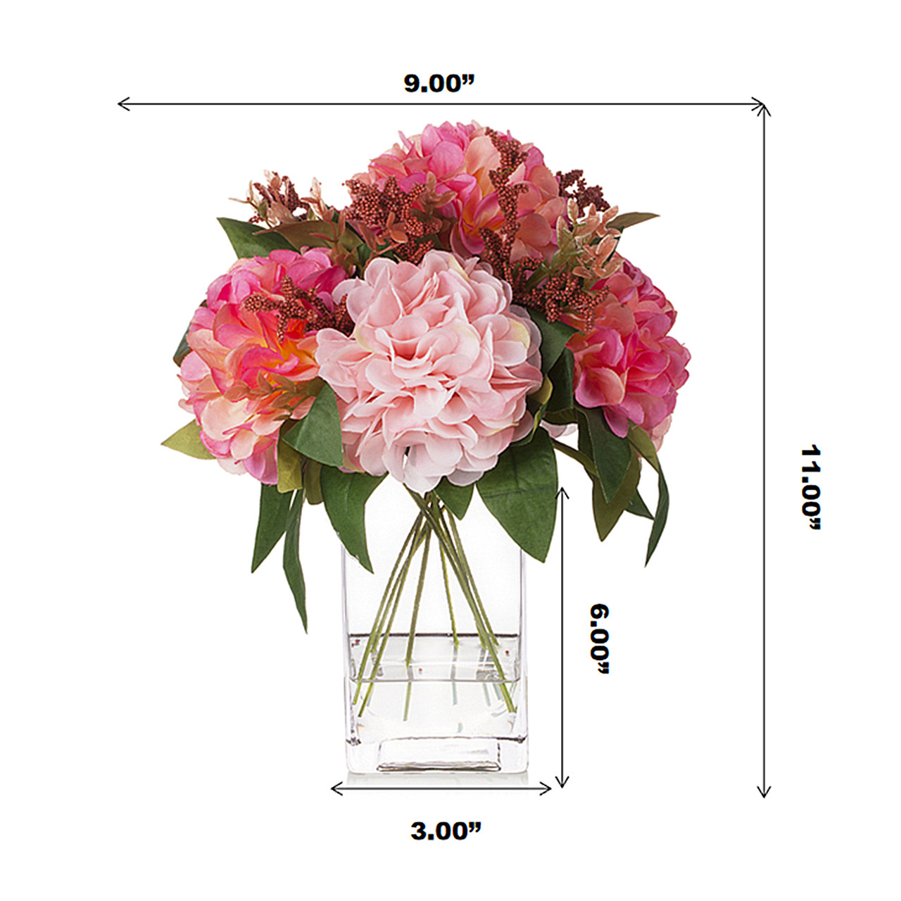 Artificial Silk Dahlia Flower in Clear Glass Vase With Faux Water(Pink)