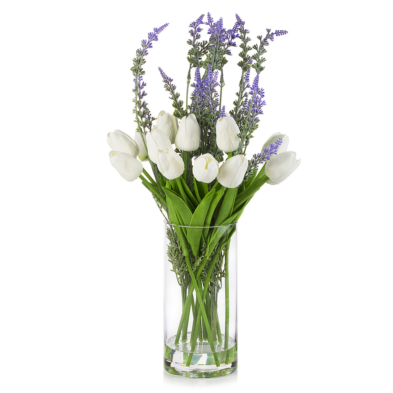 Mixed Artificial Real Touch Tulip and Lavender Arrangement in Clear Glass Vase