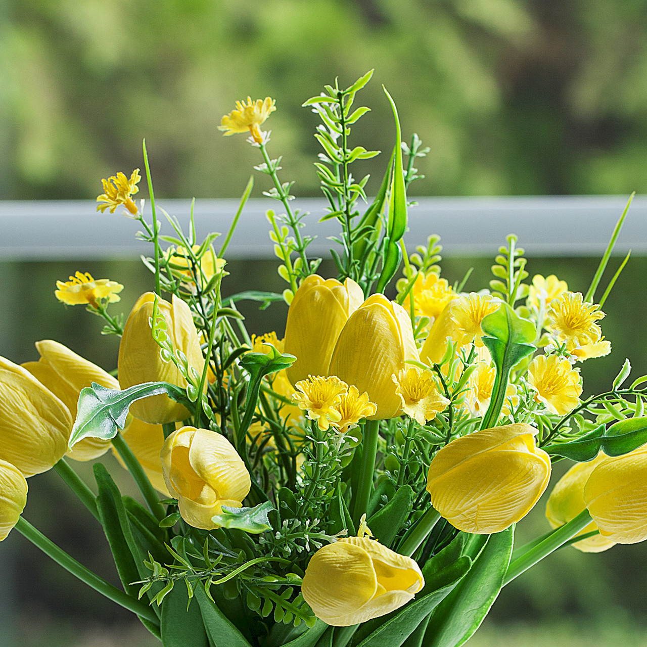 Mixed Artificial Real Touch Tulip and Mini Sunflower in Clear Glass Vase(Yellow)
