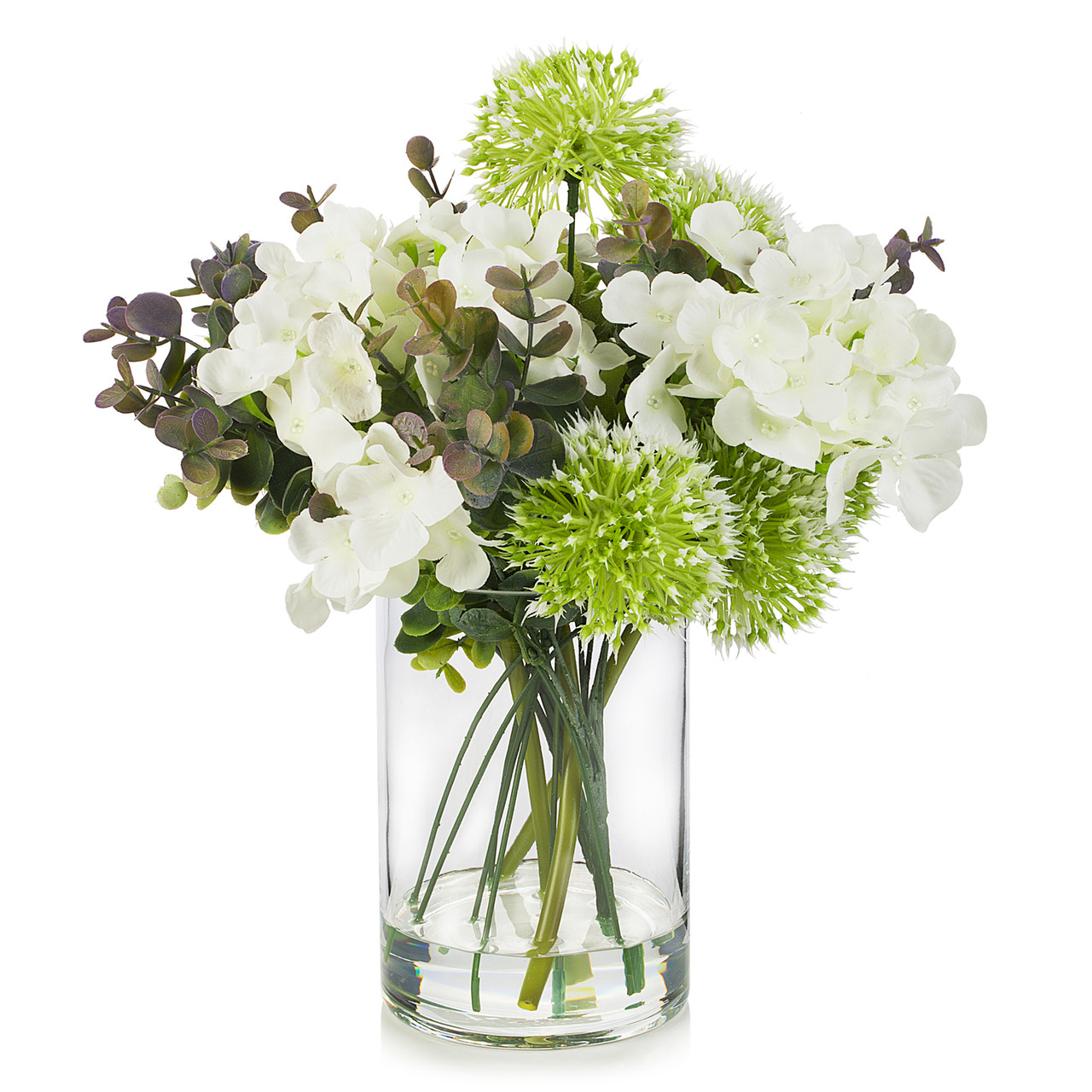 Mixed Artificial Silk Hydrangea and Greenery in Clear Glass Vase