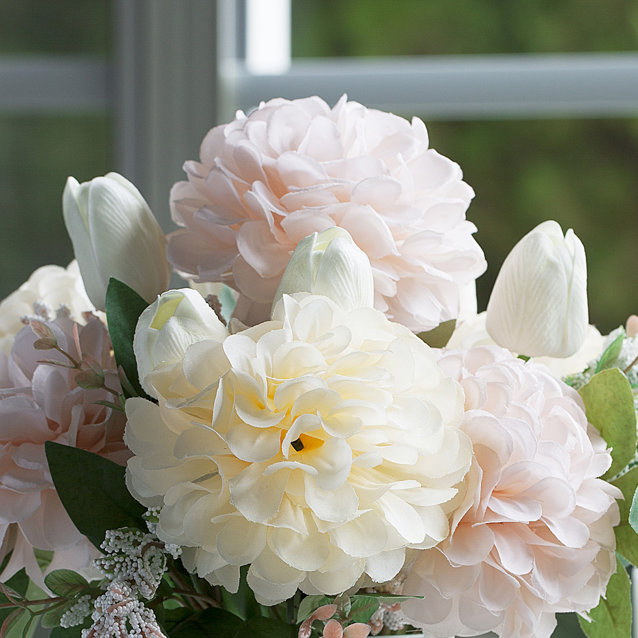 Mixed Artificial Real Touch Tulip and Dahlia Flower in Clear Glass Vase(Cream Beige)