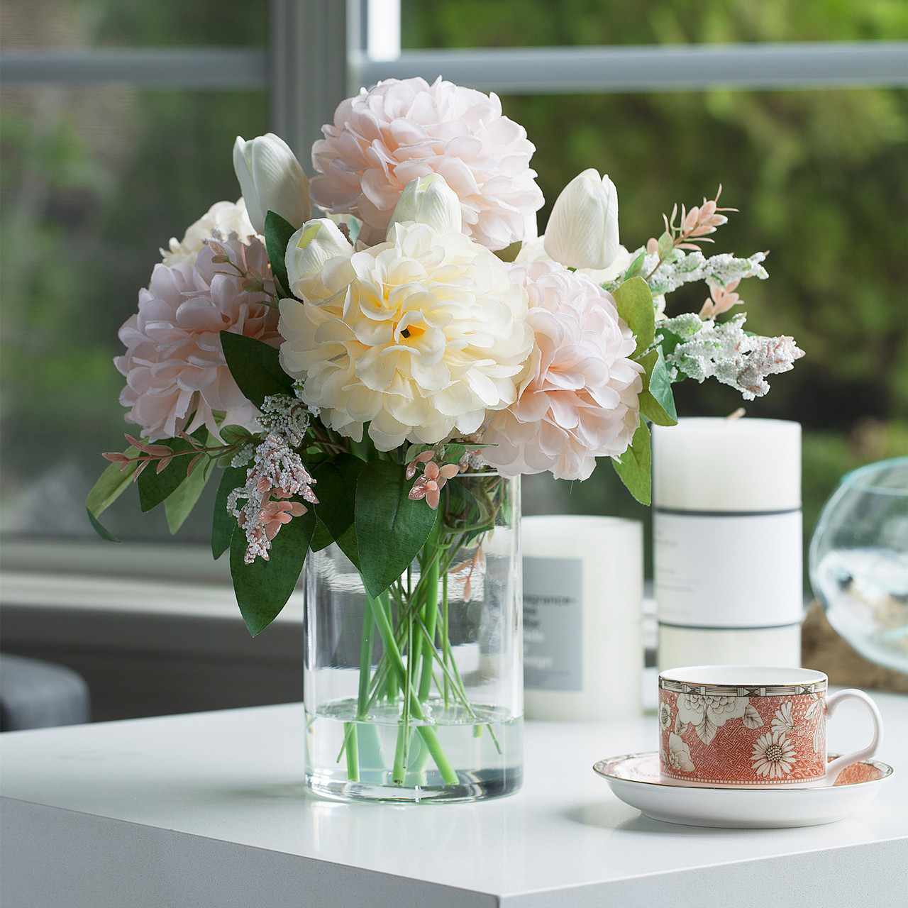 Mixed Artificial Real Touch Tulip and Dahlia Flower in Clear Glass Vase(Cream Beige)