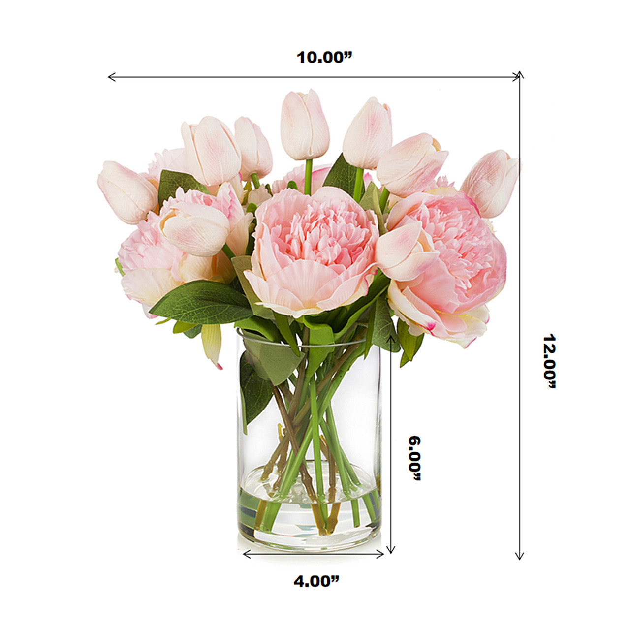 Mixed Artificial Real Touch Tulip and Peony Flower in Clear Glass Vase(Pink)
