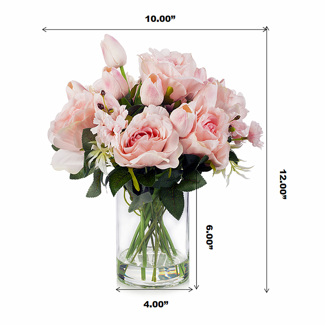 Mixed Artificial Real Touch Tulip and Rose Flower in Clear Glass Vase(Pink)