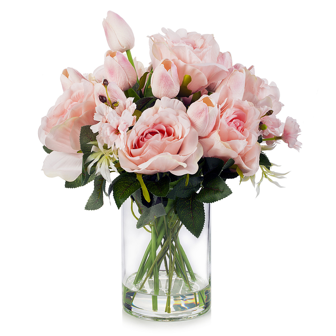 Mixed Artificial Real Touch Tulip and Rose Flower in Clear Glass Vase(Pink)