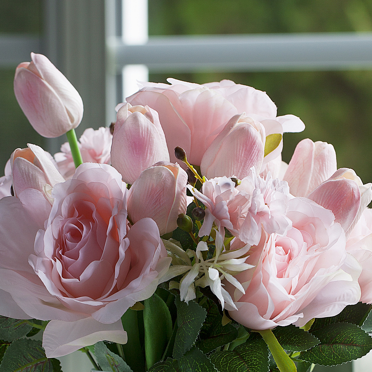 Mixed Artificial Real Touch Tulip and Rose Flower in Clear Glass Vase(Pink)
