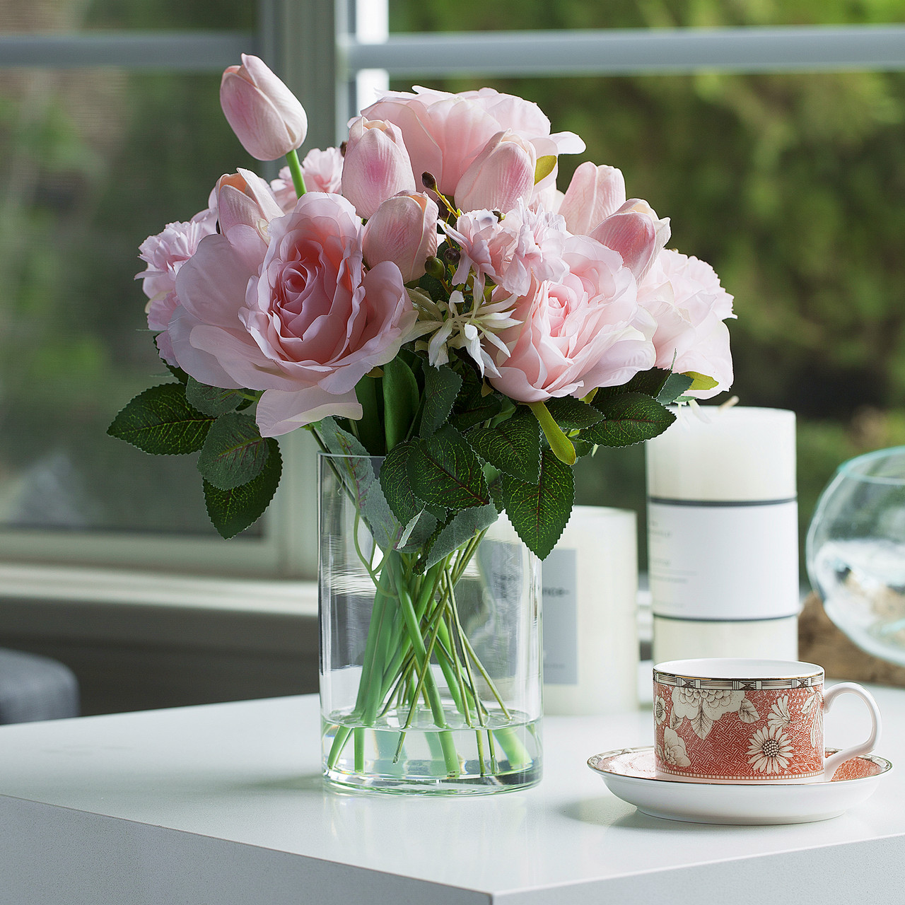 Mixed Artificial Real Touch Tulip and Rose Flower in Clear Glass Vase(Pink)