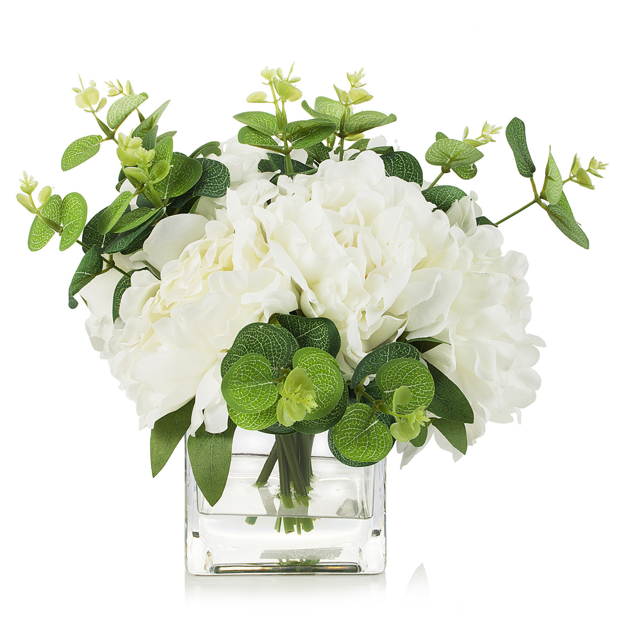 Mixed Artificial Silk Peony  Flower and  Eucalyptus in Cube  Glass Vase With Faux Water