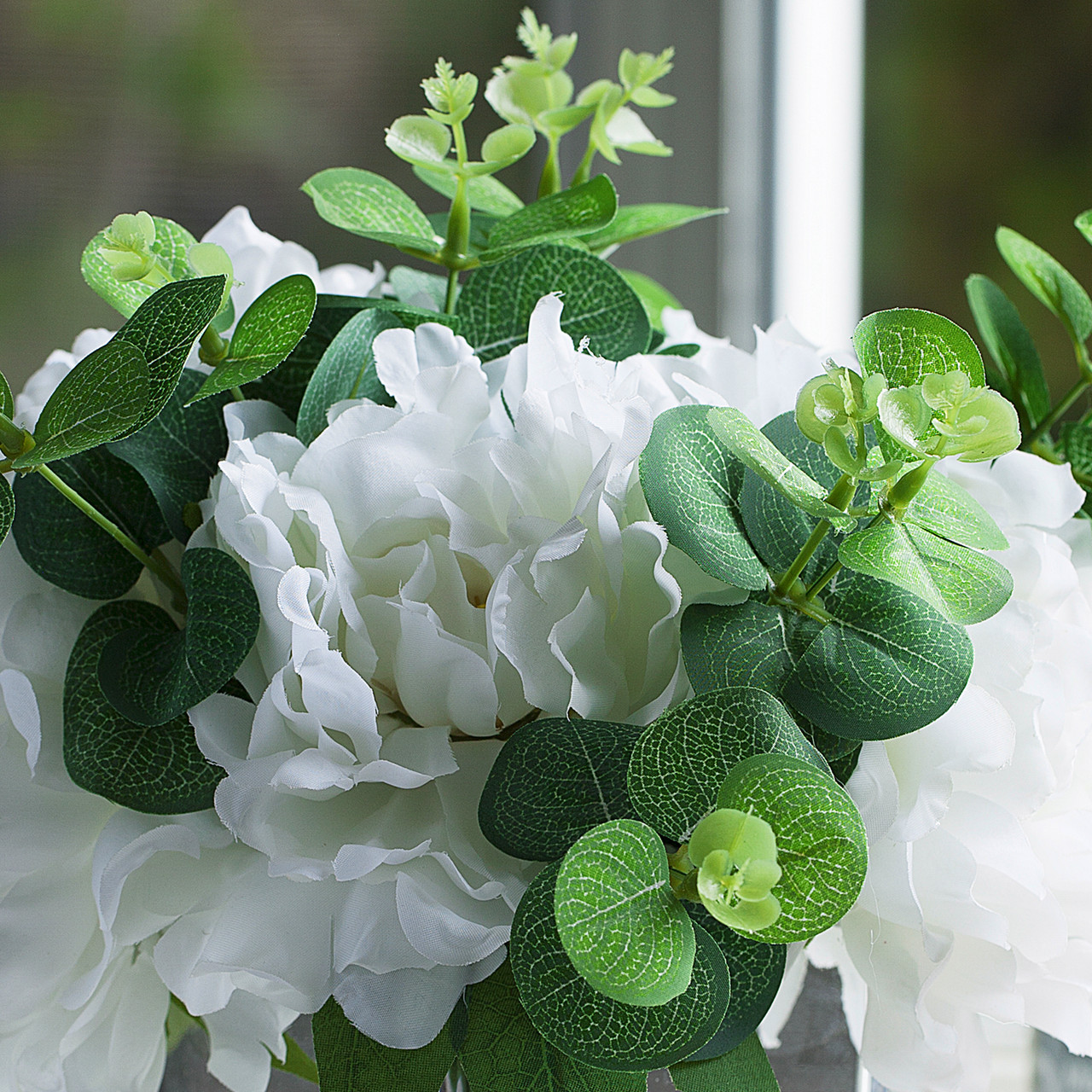 Mixed Artificial Silk Peony  Flower and  Eucalyptus in Cube  Glass Vase With Faux Water