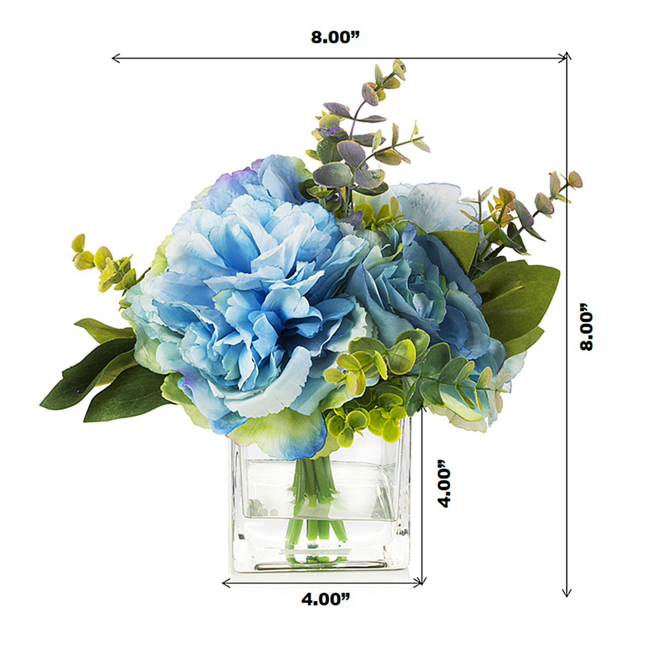 Mixed Artificial Flower and Eucalyptus in Cube  Glass Vase With Faux Water