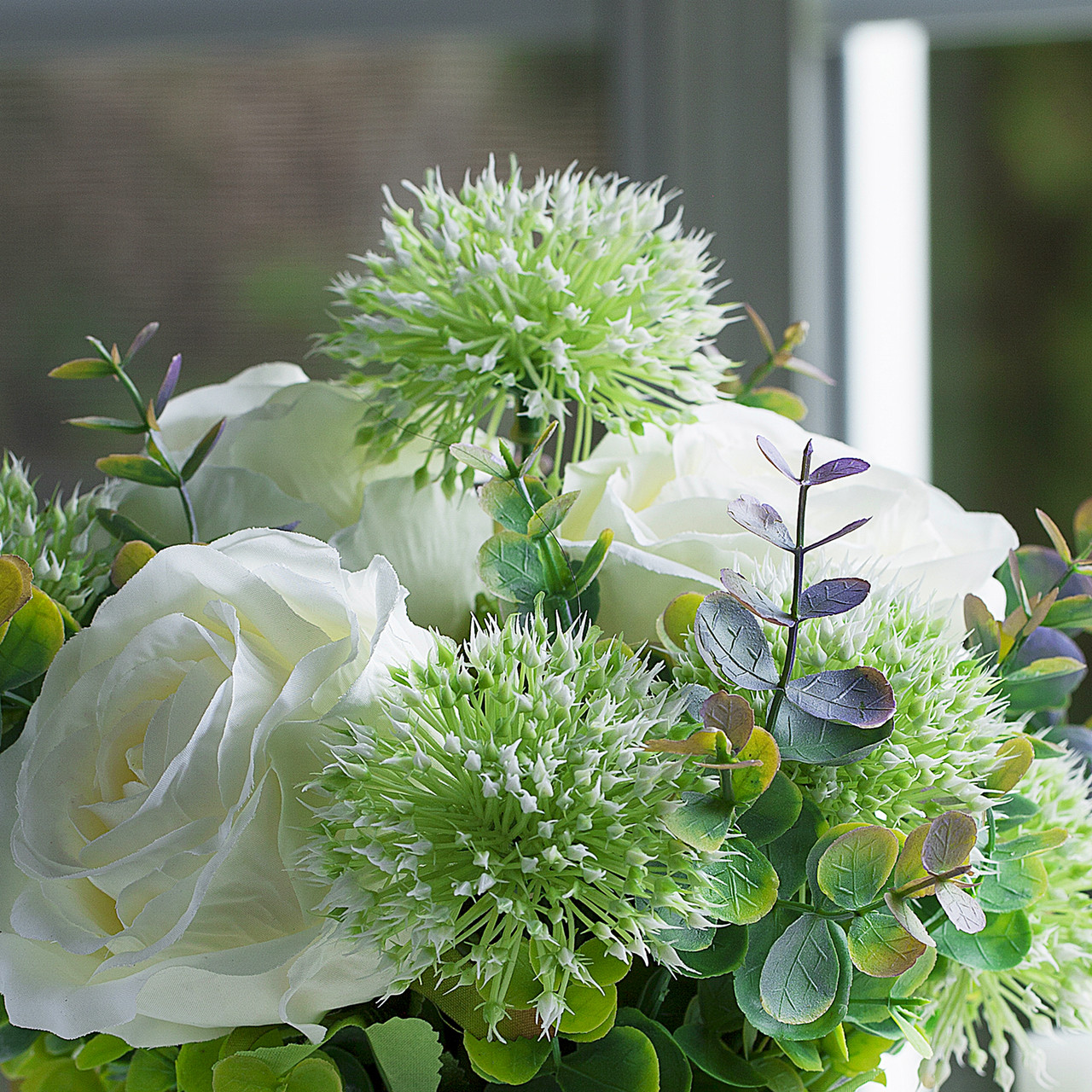 Mixed Artificial Silk Rose  Flowers and  Greenery in Cube  Glass Vase With Faux Water