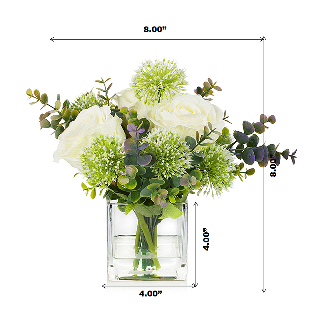 Mixed Artificial Silk Rose  Flowers and  Greenery in Cube  Glass Vase With Faux Water