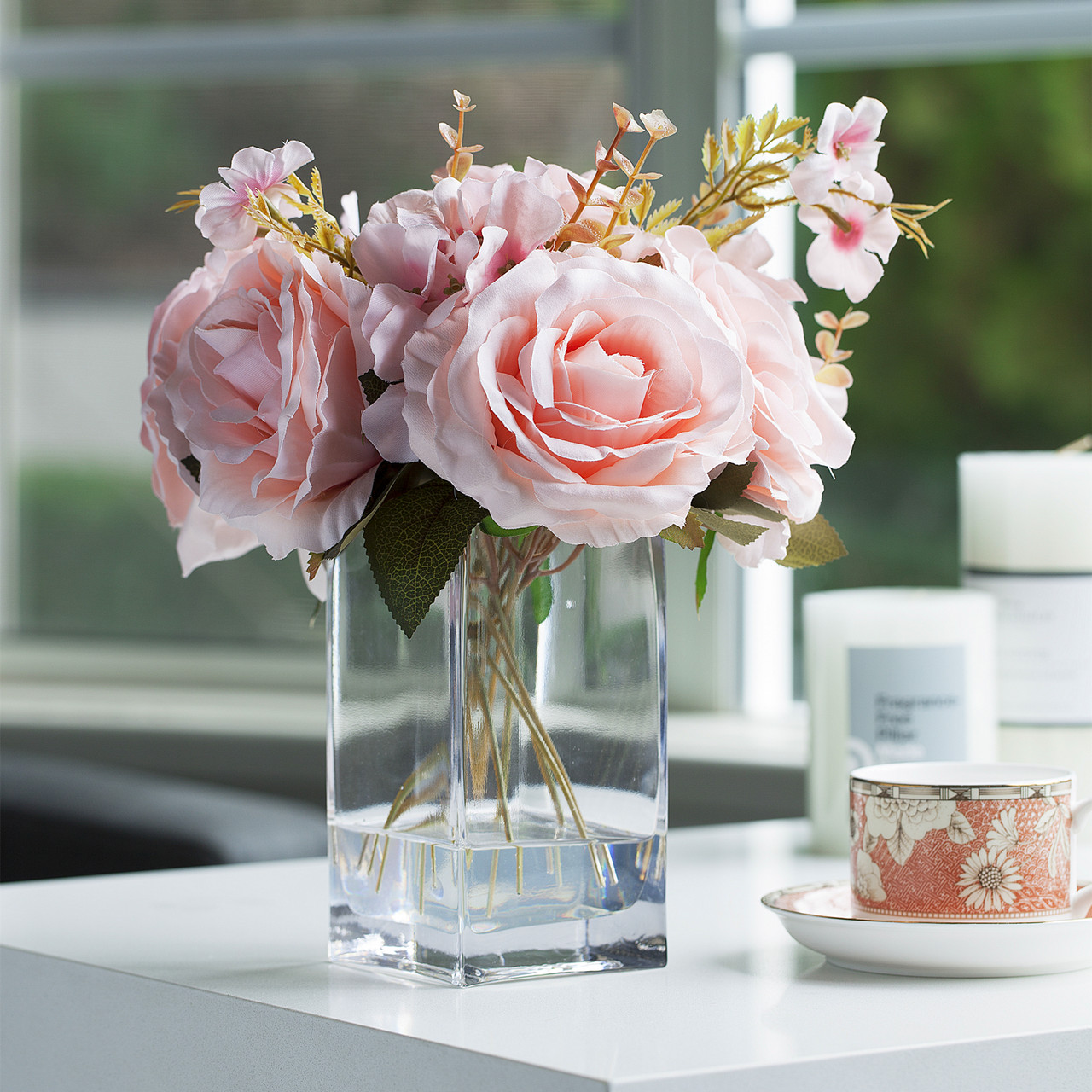 Mixed Artificial Silk Rose  Flowers in Clear Glass Vase With Faux Water(Pink)
