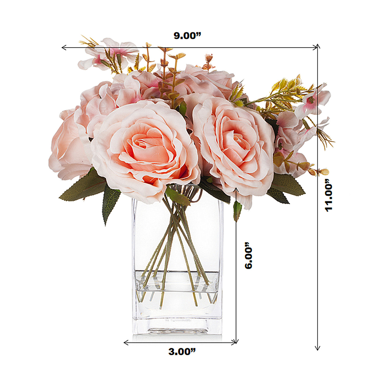 Mixed Artificial Silk Rose  Flowers in Clear Glass Vase With Faux Water(Pink)